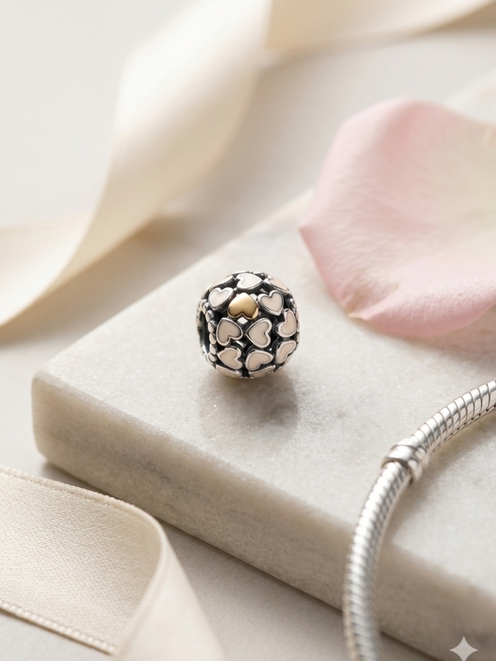Sterling Silver Heart Charm Bead with Gold Accent